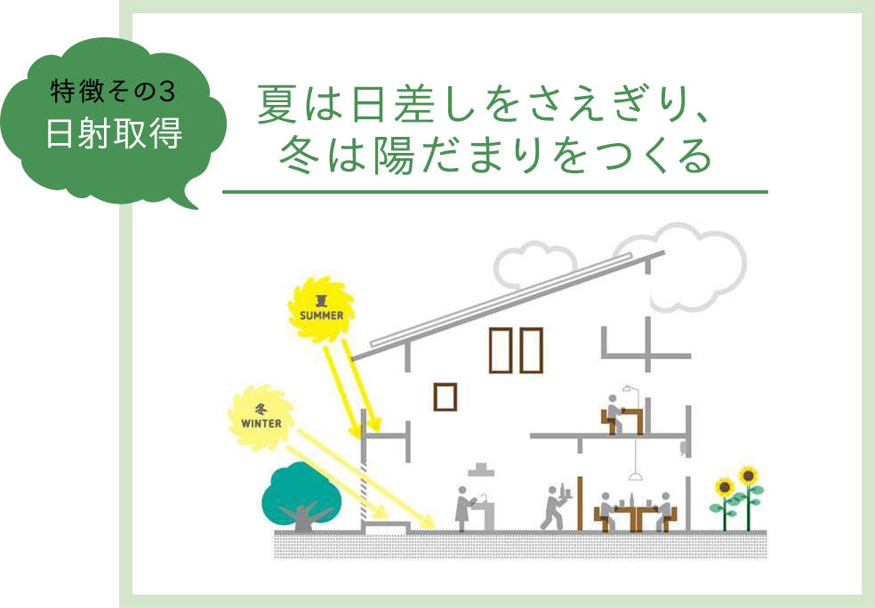 特徴その3 日射取得　夏は日差しをさえぎり、冬は陽だまりをつくる