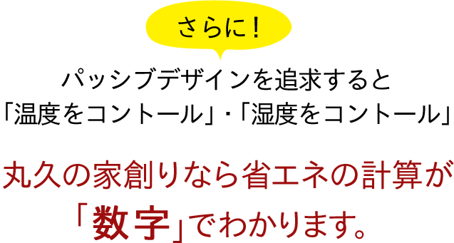 さらに！パッシブデザインを追及すると「温度をコントロール」・「湿度をコントロール」丸久の家創りなら省エネの計算が「数字」でわかります。